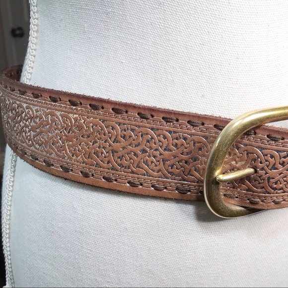 VINTAGE Brown with silver foil wide belt brass buckle - Picture 4 of 7